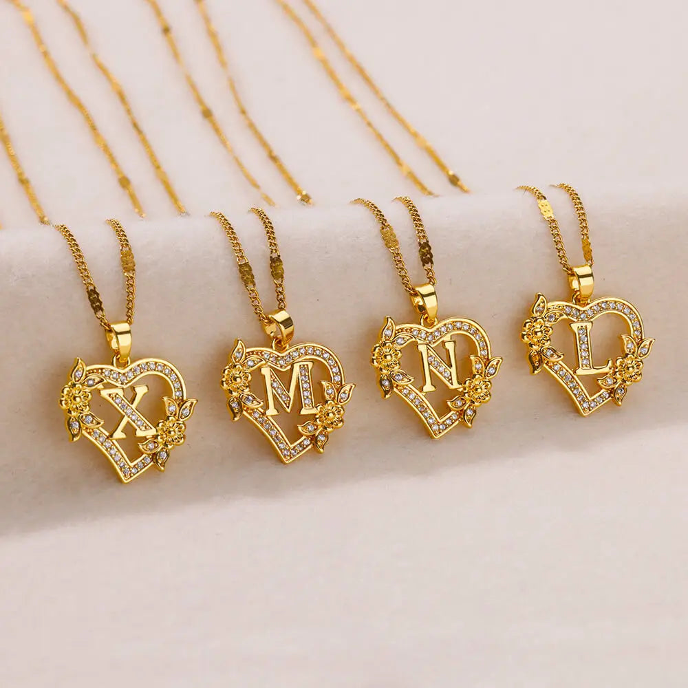 Gold Initial Heart Necklace with Zircon Flowers