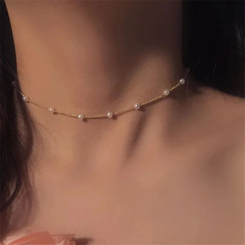 Gold Pearl Choker Necklace for Women – Kpop Inspired Beads Collar