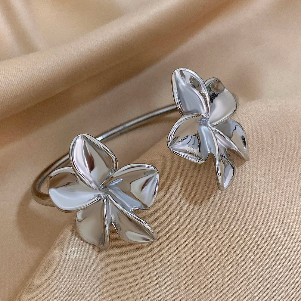 Golden Bloom Double Flower Cuff Bracelets