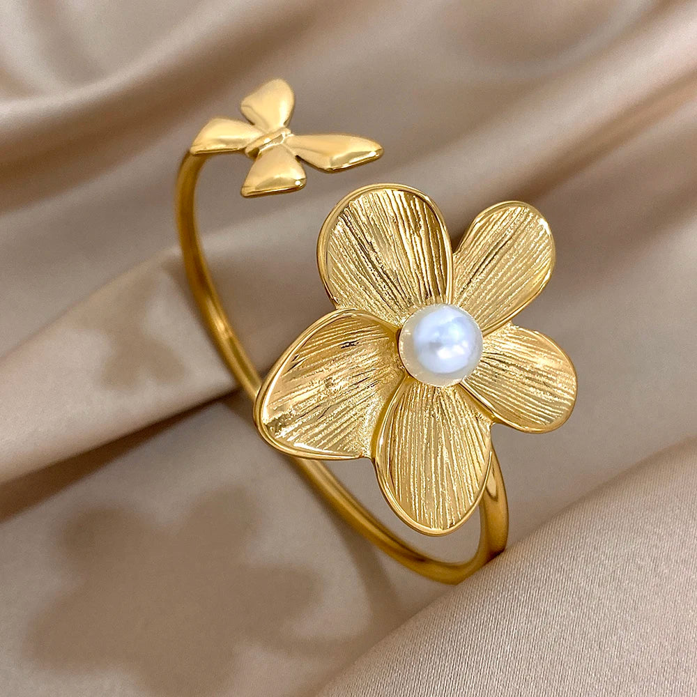 Golden Bloom Double Flower Cuff Bracelets