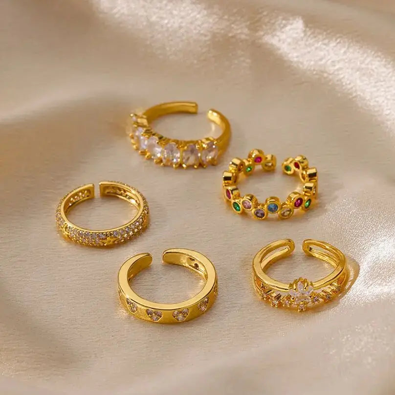 Gold Heart Zircon Rings – Adjustable Stainless Steel