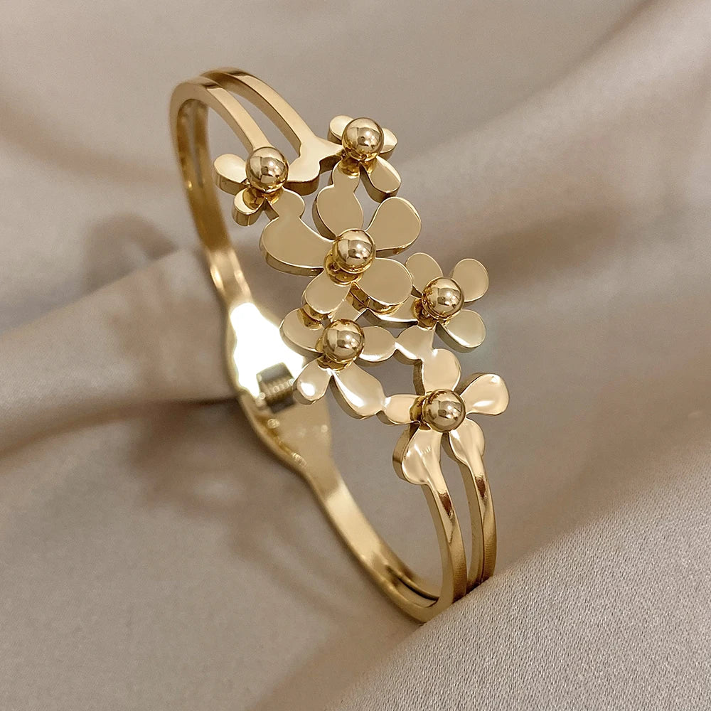 Golden Bloom Double Flower Cuff Bracelets