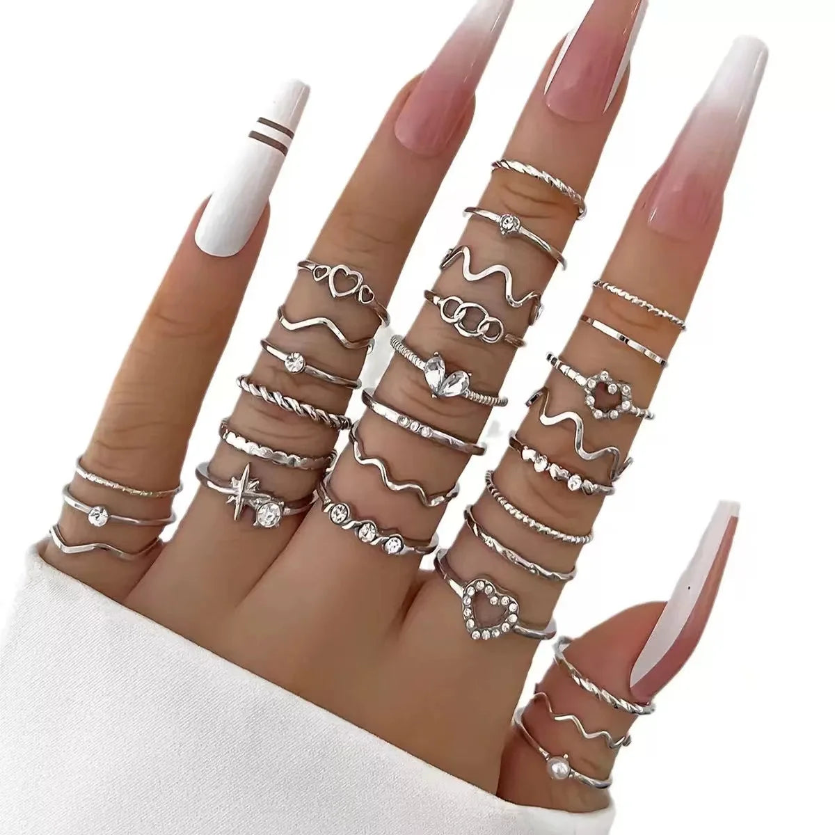 23PCS Silver Zircon Ring – Luxury Multi-Element Wave Design Stacking Rings