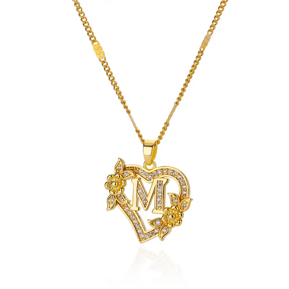Gold Initial Heart Necklace with Zircon Flowers