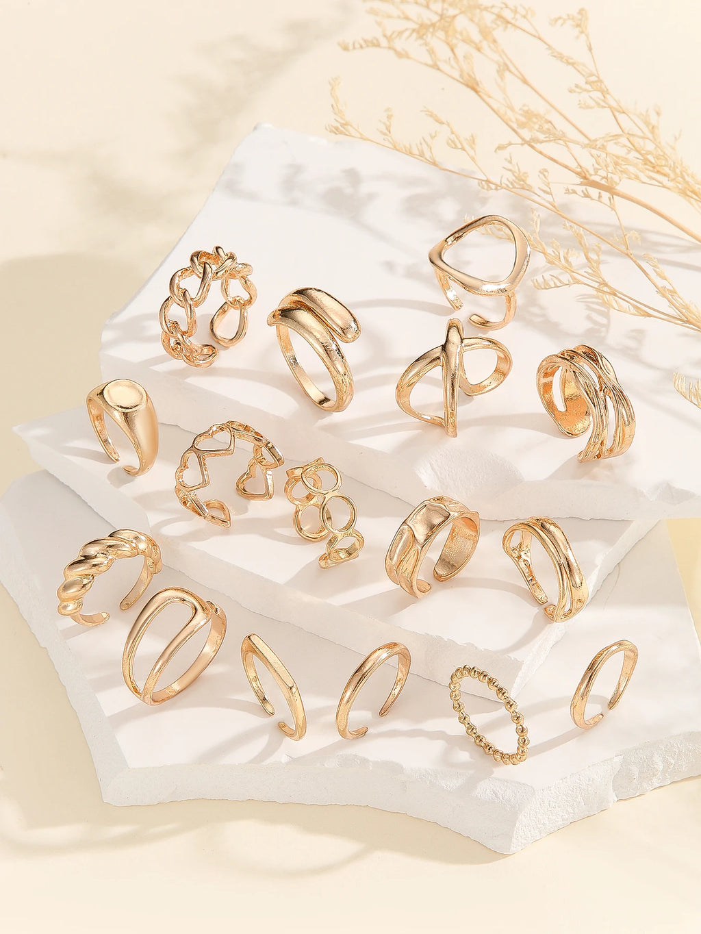 16-Piece Gold Ring Set for Women – Geometric, Heart & Open Band Stackable Rings