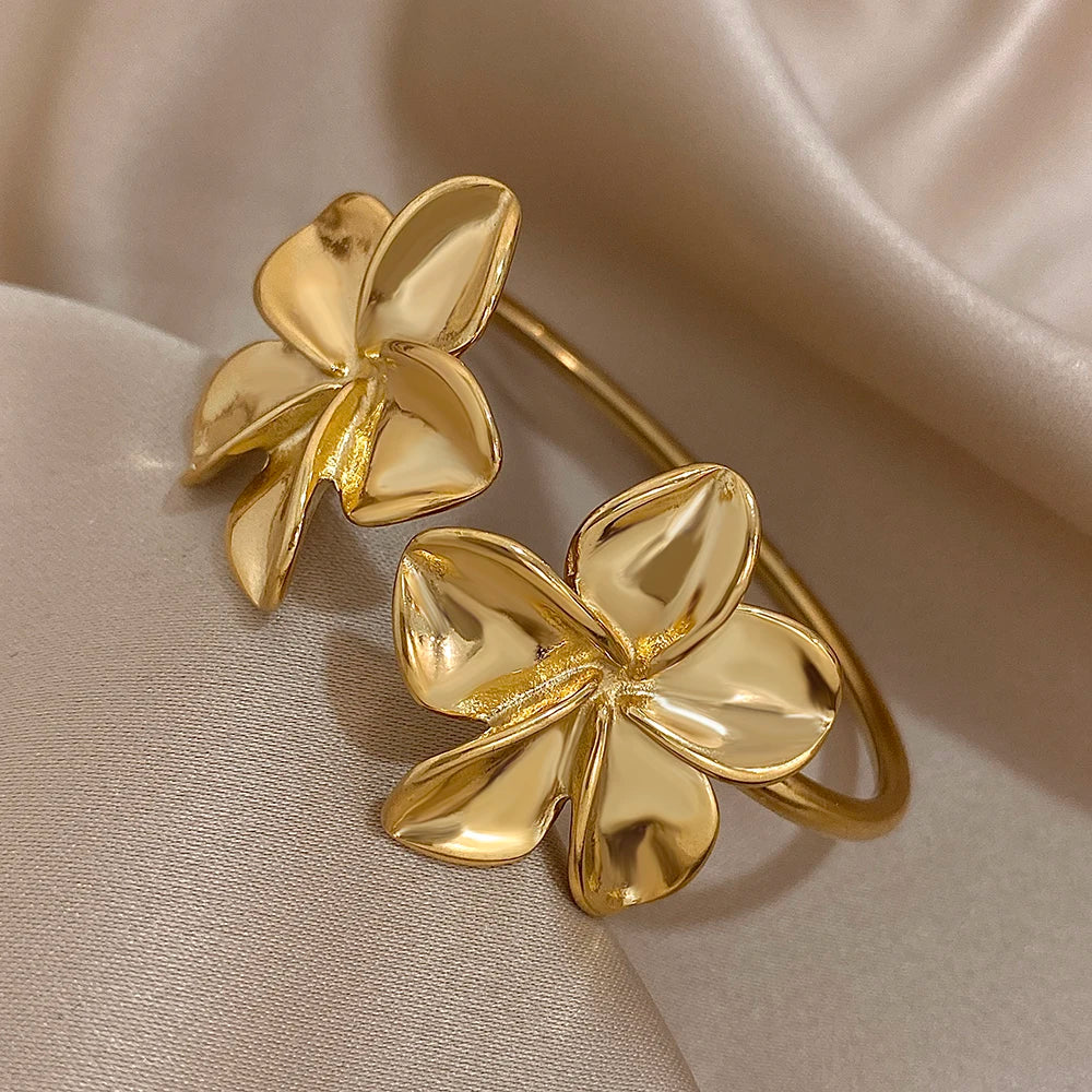 Golden Bloom Double Flower Cuff Bracelets