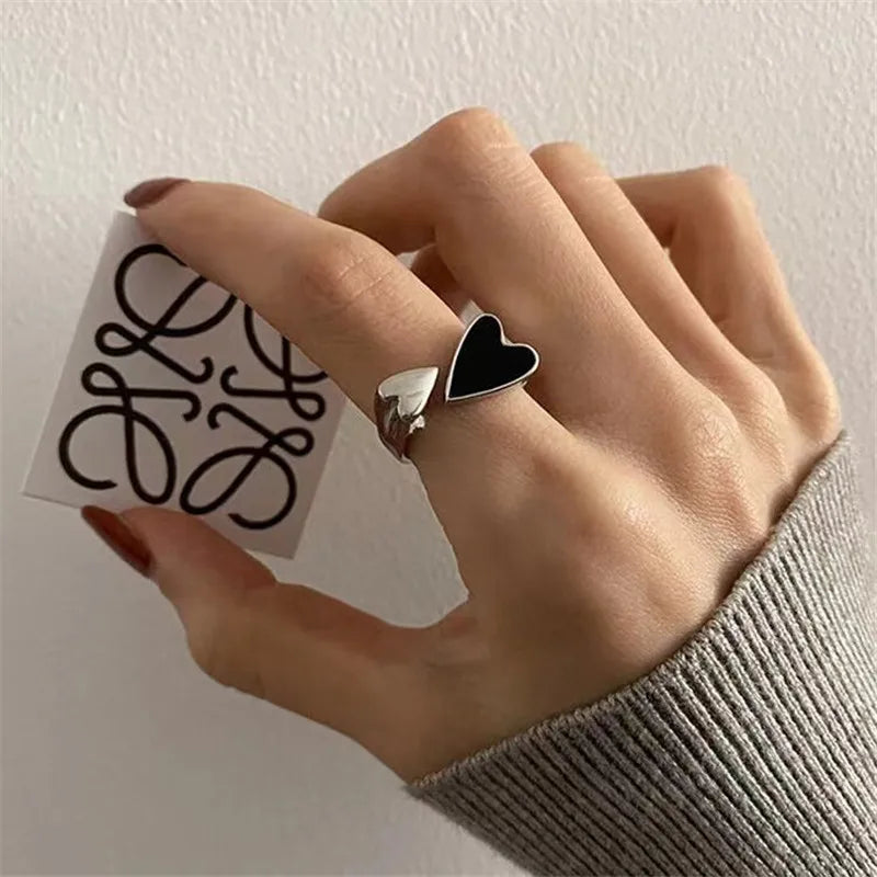 Minimalist Black Heart Open Ring – Adjustable Two-Tone Metal Punk Jewellery