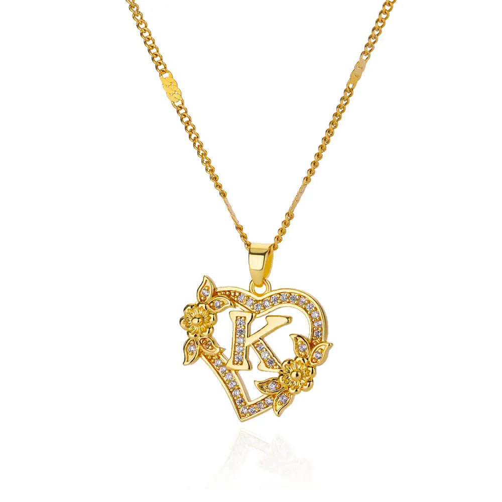 Gold Initial Heart Necklace with Zircon Flowers
