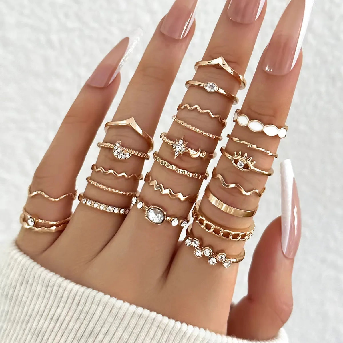 23PCS Silver Zircon Ring – Luxury Multi-Element Wave Design Stacking Rings
