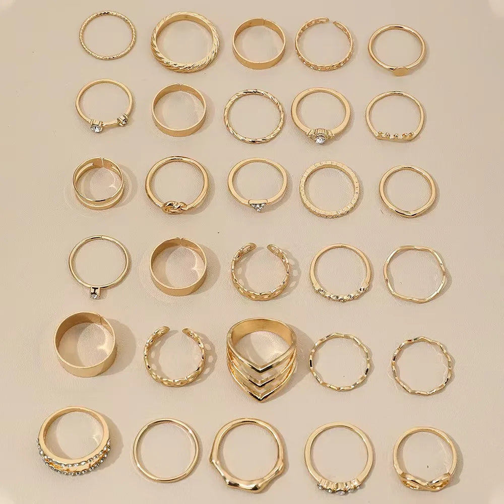 30pcs Gold Stacking Rings Set – Trendy Infinity, Chain & Rhinestone Rings
