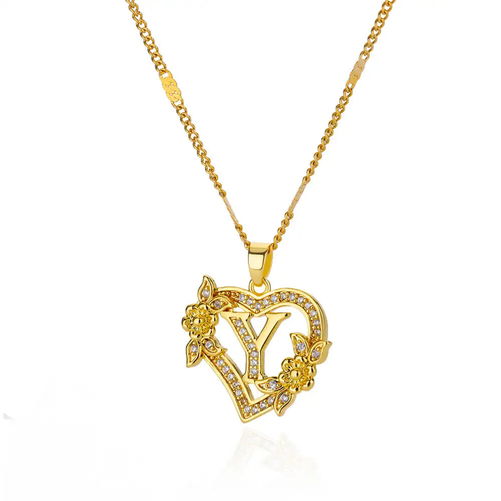 Gold Initial Heart Necklace with Zircon Flowers