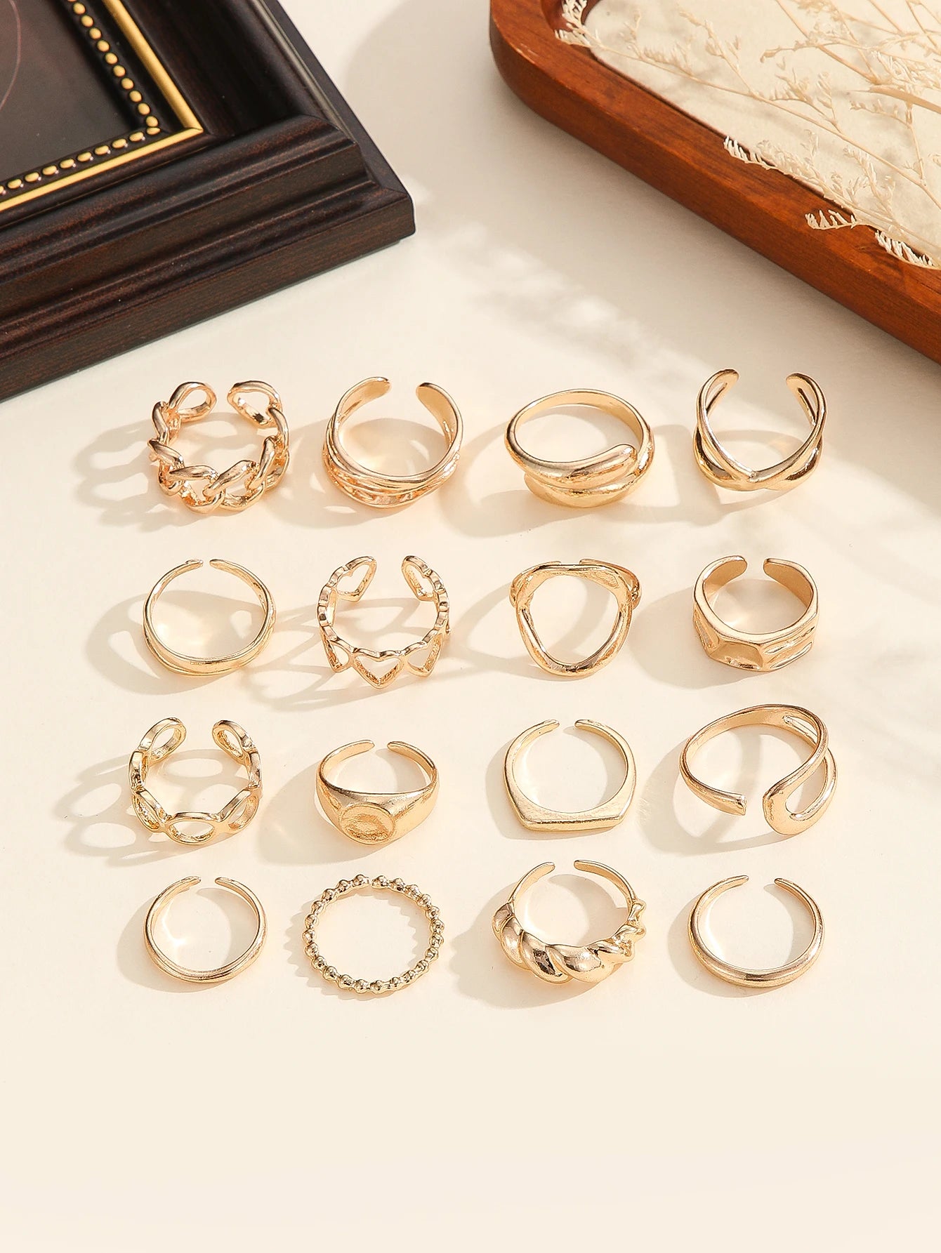 16-Piece Gold Ring Set for Women – Geometric, Heart & Open Band Stackable Rings
