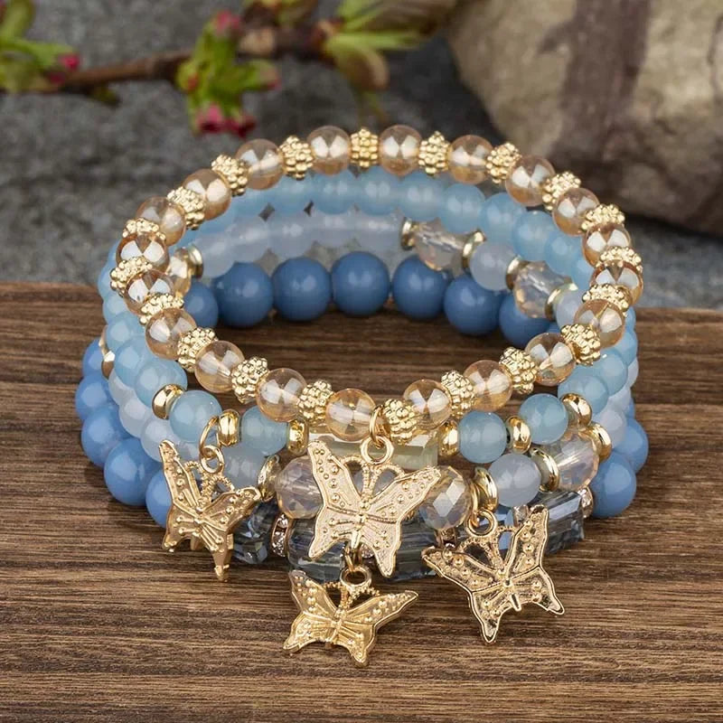 Boho Bloom Butterfly Bracelet Set – 4 Pieces