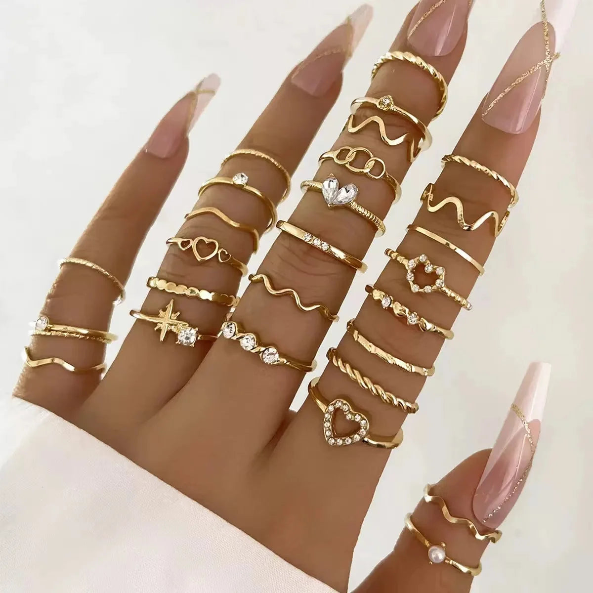 23PCS Silver Zircon Ring – Luxury Multi-Element Wave Design Stacking Rings