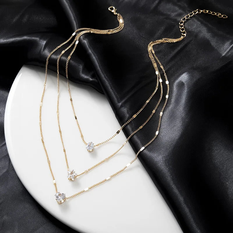 Gold Multilayer Zircon Pendant Necklace