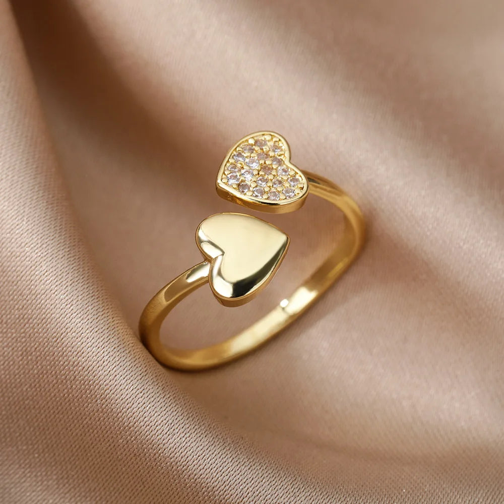 Gold Heart Zircon Rings – Adjustable Stainless Steel