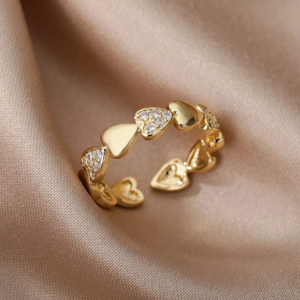 Gold Heart Zircon Rings – Adjustable Stainless Steel