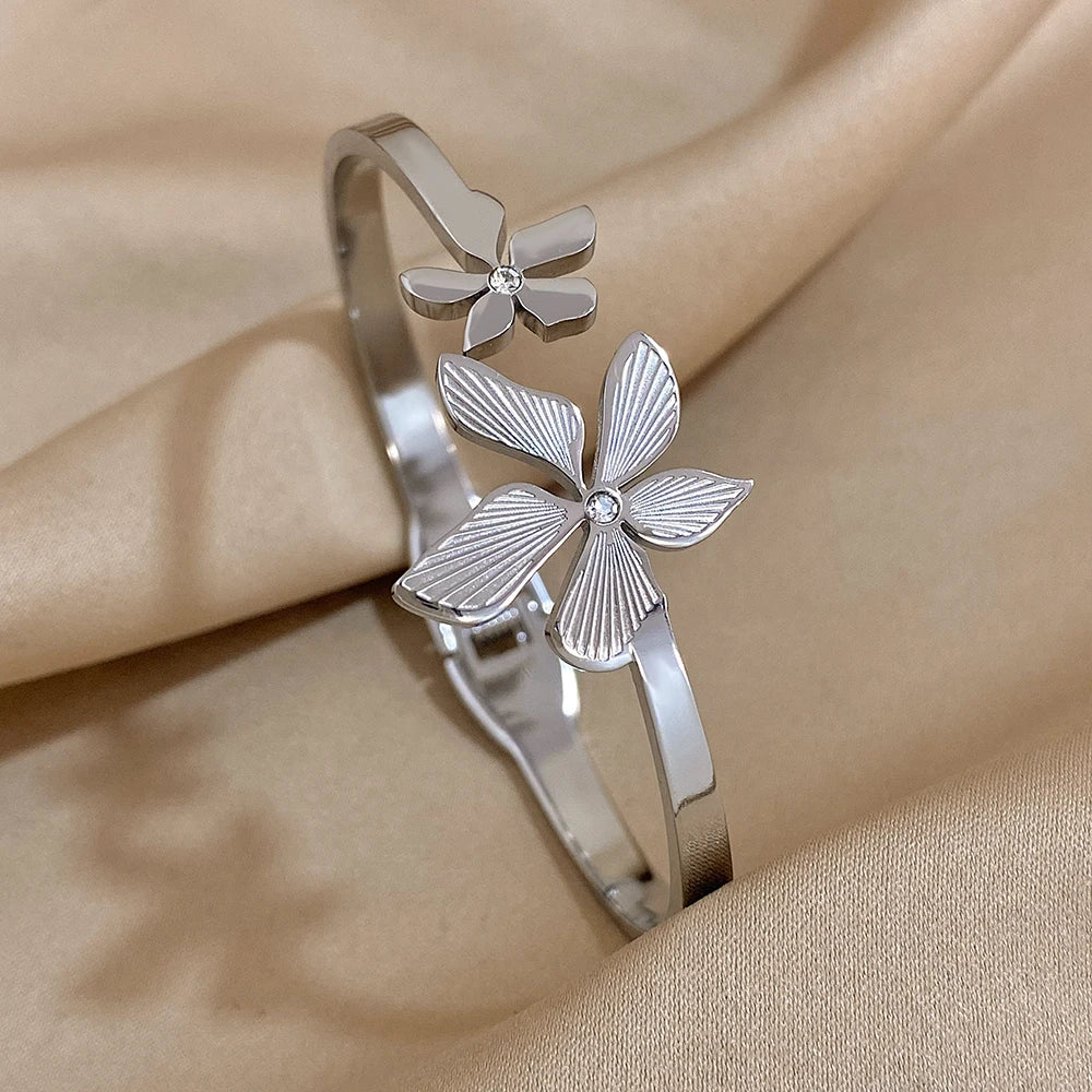 Golden Bloom Double Flower Cuff Bracelets