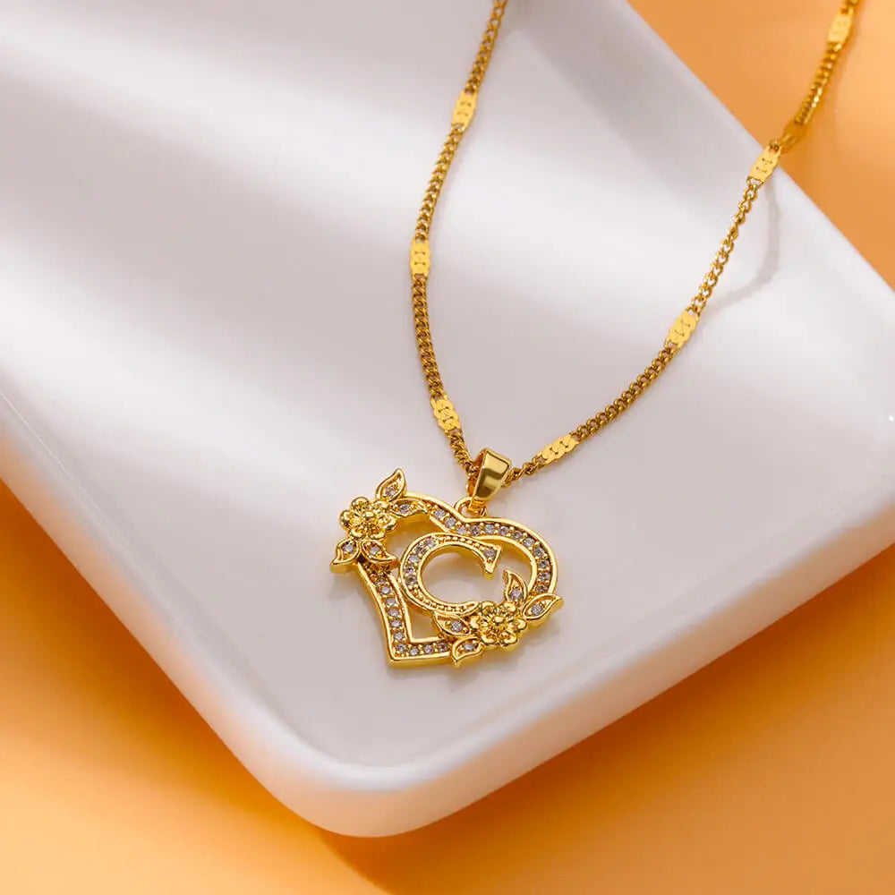 Gold Initial Heart Necklace with Zircon Flowers