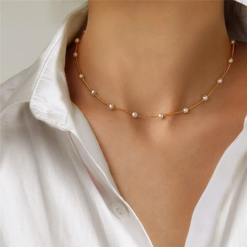 Gold Pearl Choker Necklace for Women – Kpop Inspired Beads Collar