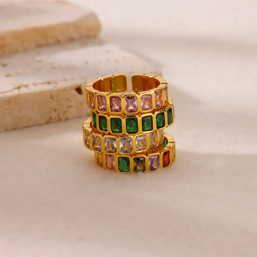 Gold Plated Square Zircon Ring – Adjustable Stainless Steel