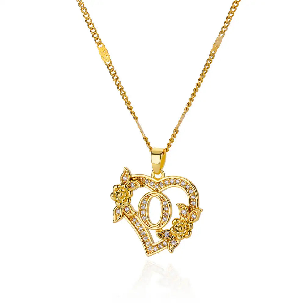 Gold Initial Heart Necklace with Zircon Flowers