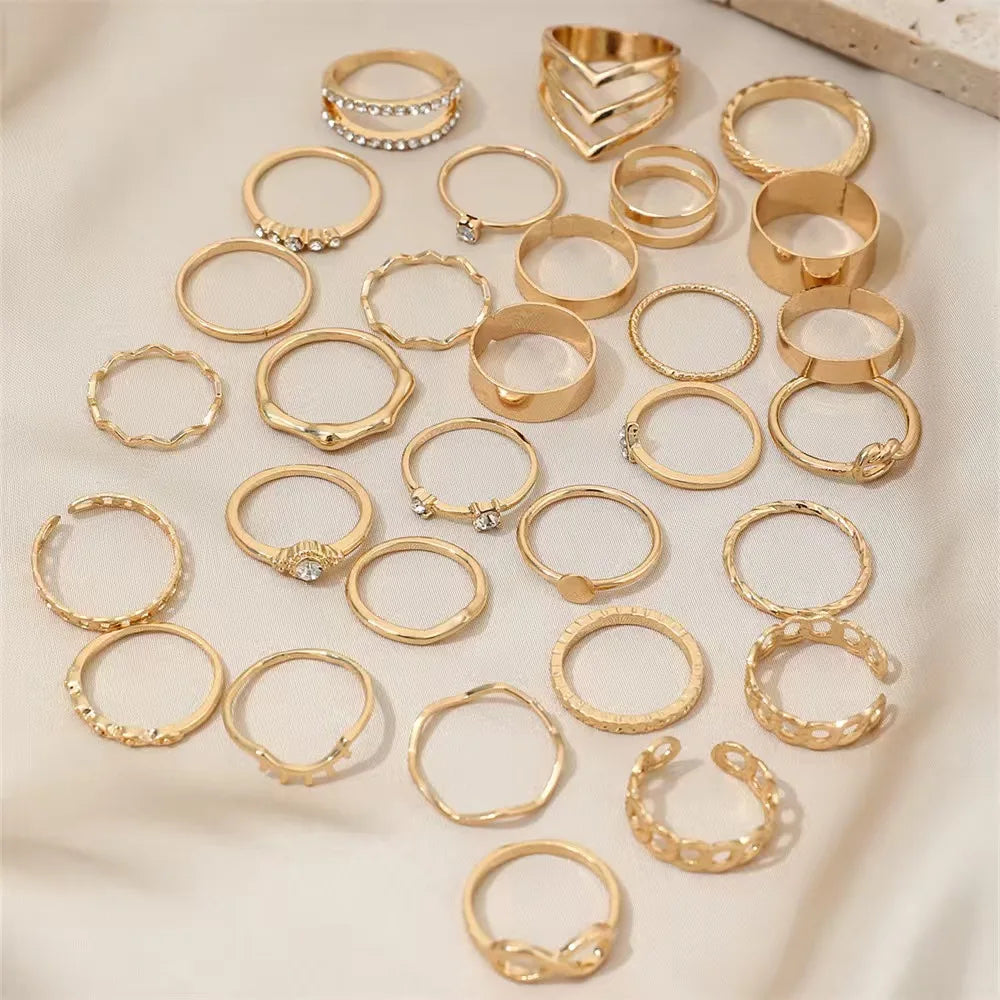 30pcs Gold Stacking Rings Set – Trendy Infinity, Chain & Rhinestone Rings