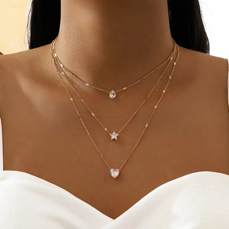 Gold Multilayer Zircon Pendant Necklace