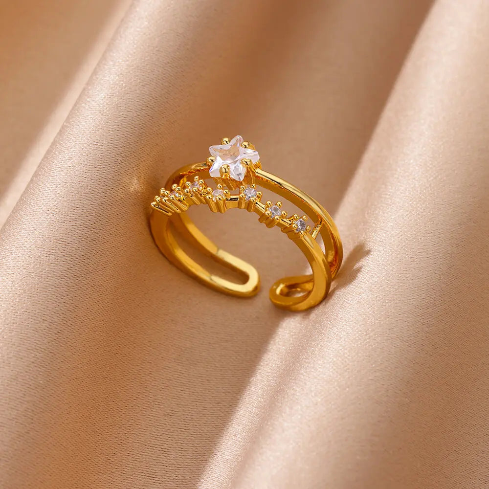 Gold Heart Zircon Rings – Adjustable Stainless Steel