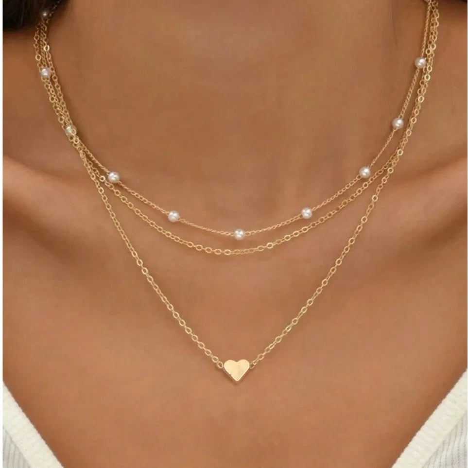3pcs Pearl & Heart Pendant Layered Necklace Set