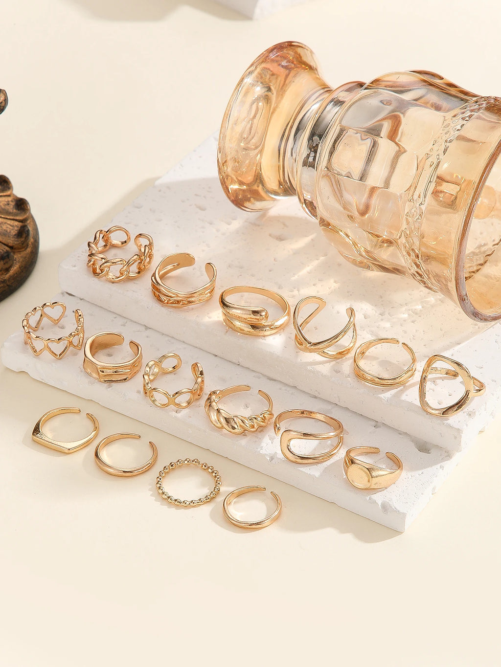 16-Piece Gold Ring Set for Women – Geometric, Heart & Open Band Stackable Rings