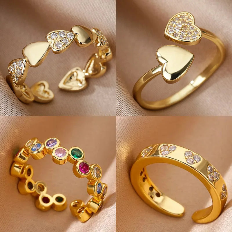 Gold Heart Zircon Rings – Adjustable Stainless Steel