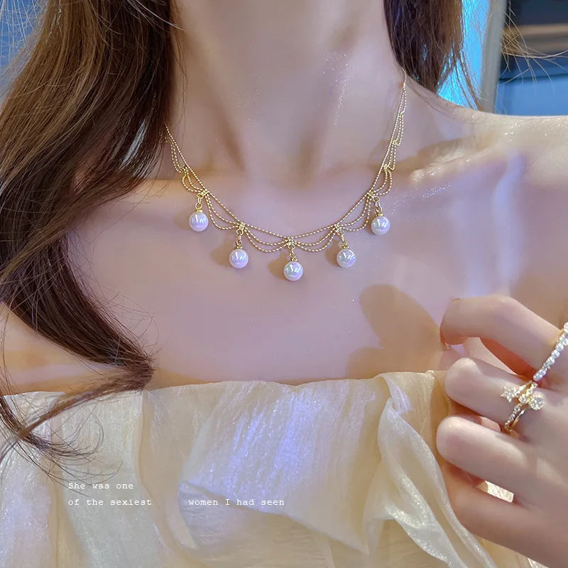 Gold Pearl Choker Necklace for Women – Kpop Inspired Beads Collar