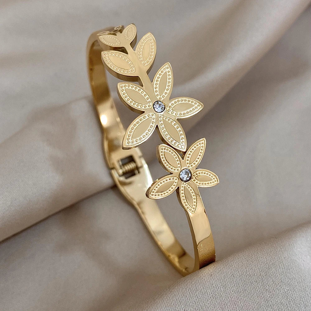 Golden Bloom Double Flower Cuff Bracelets