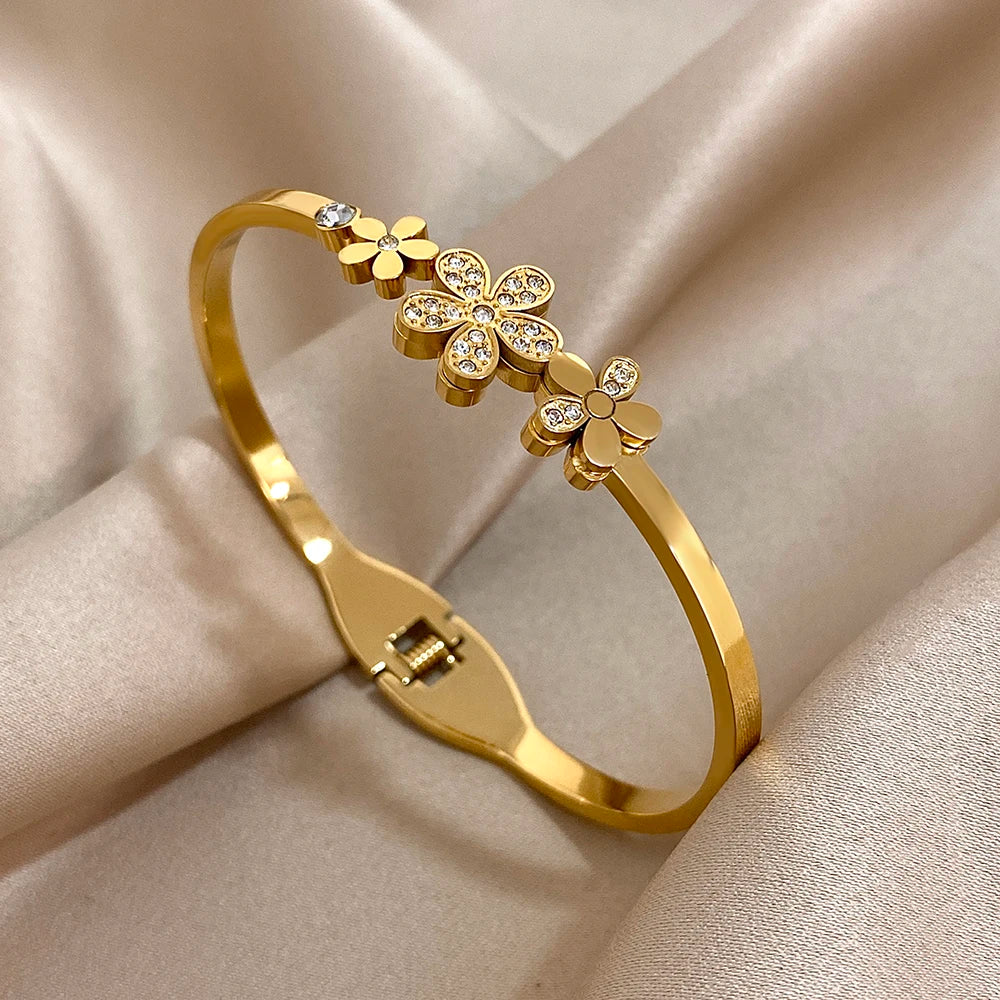 Golden Bloom Double Flower Cuff Bracelets