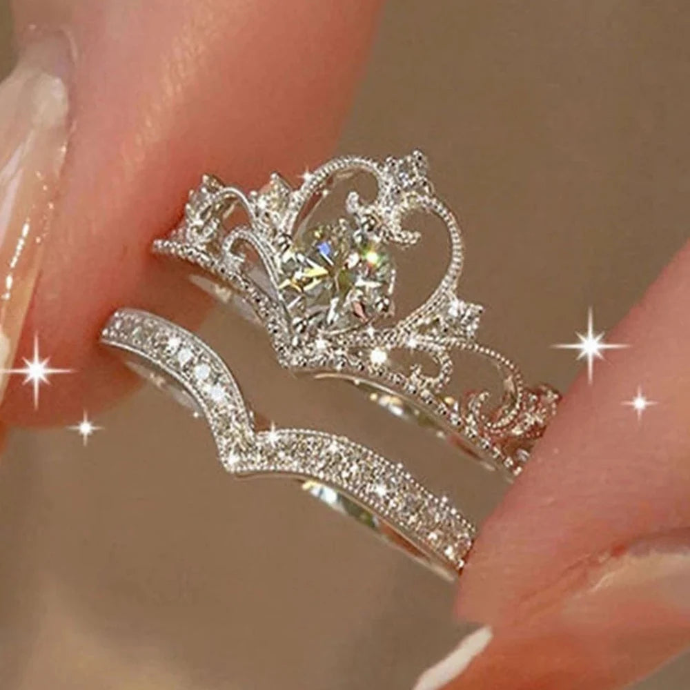 2PCS Crystal Crown Ring Set  – Adjustable Sparkling Queen Tiara Style