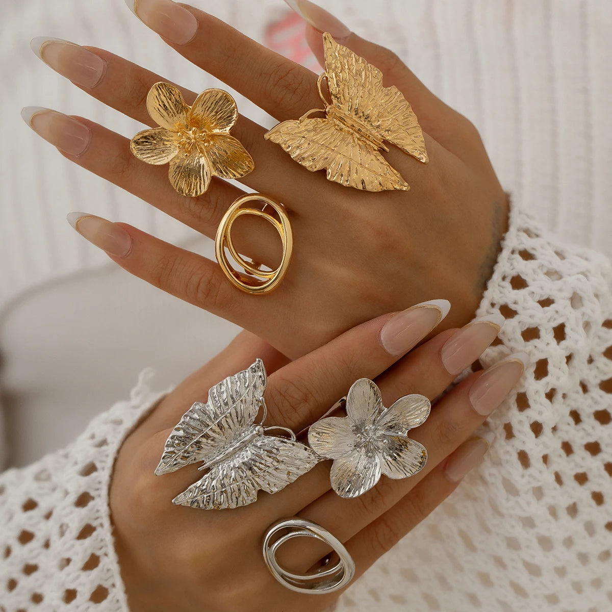 Boho Statement Butterfly & Flower Rings – Adjustable Metal Fashion Jewellery