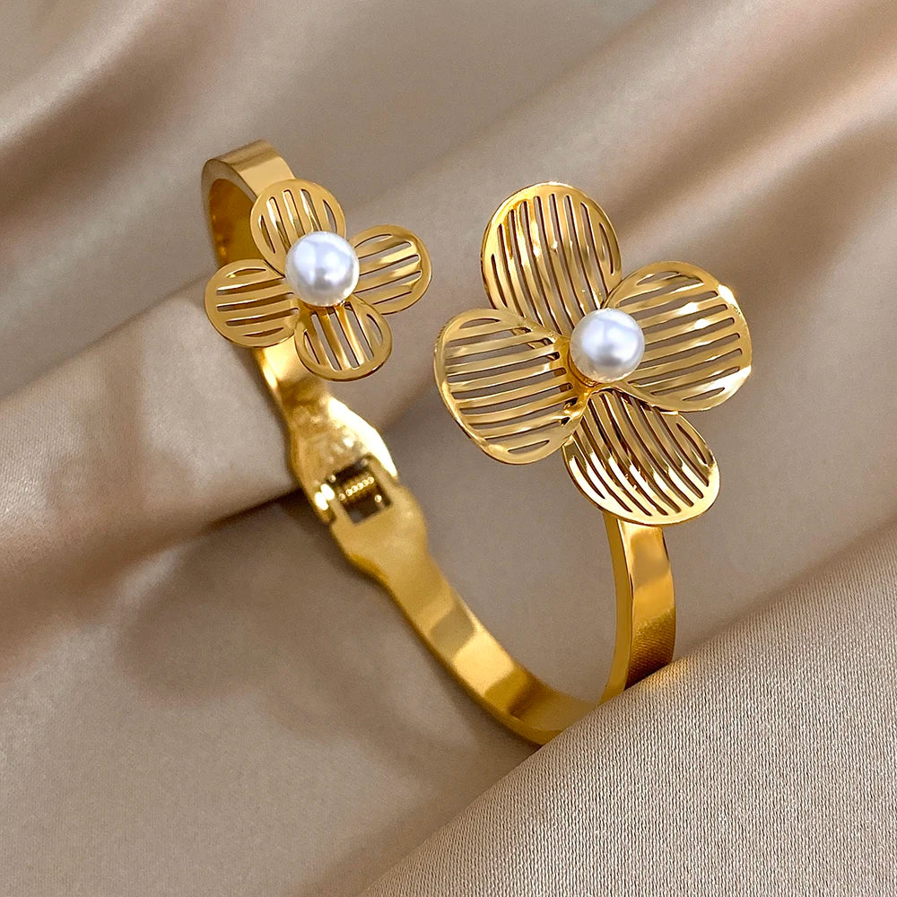 Golden Bloom Double Flower Cuff Bracelets