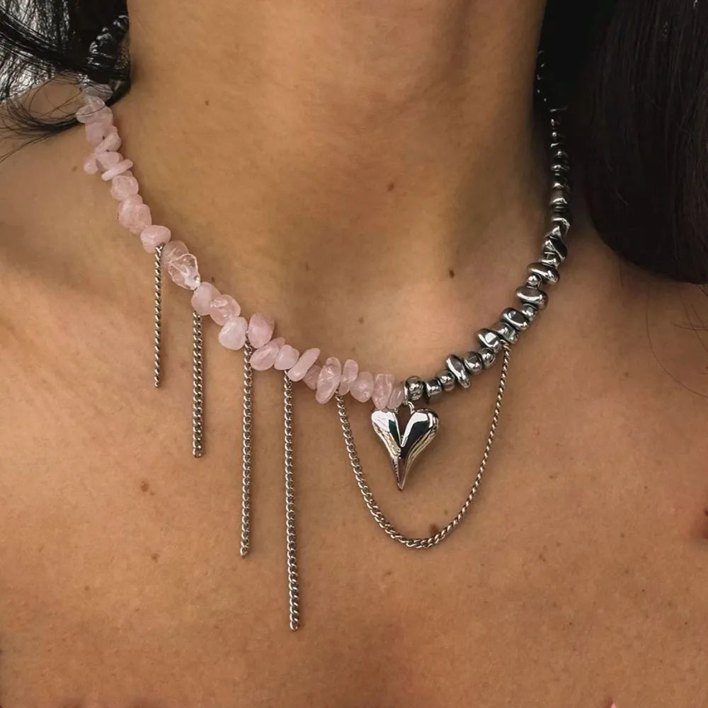 Elegant Pink Stone Beads & Heart Pendant Necklace – Irregular Choker for Women