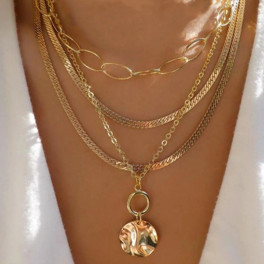 Gold Multi-Layer Pendant Necklace Set for Women