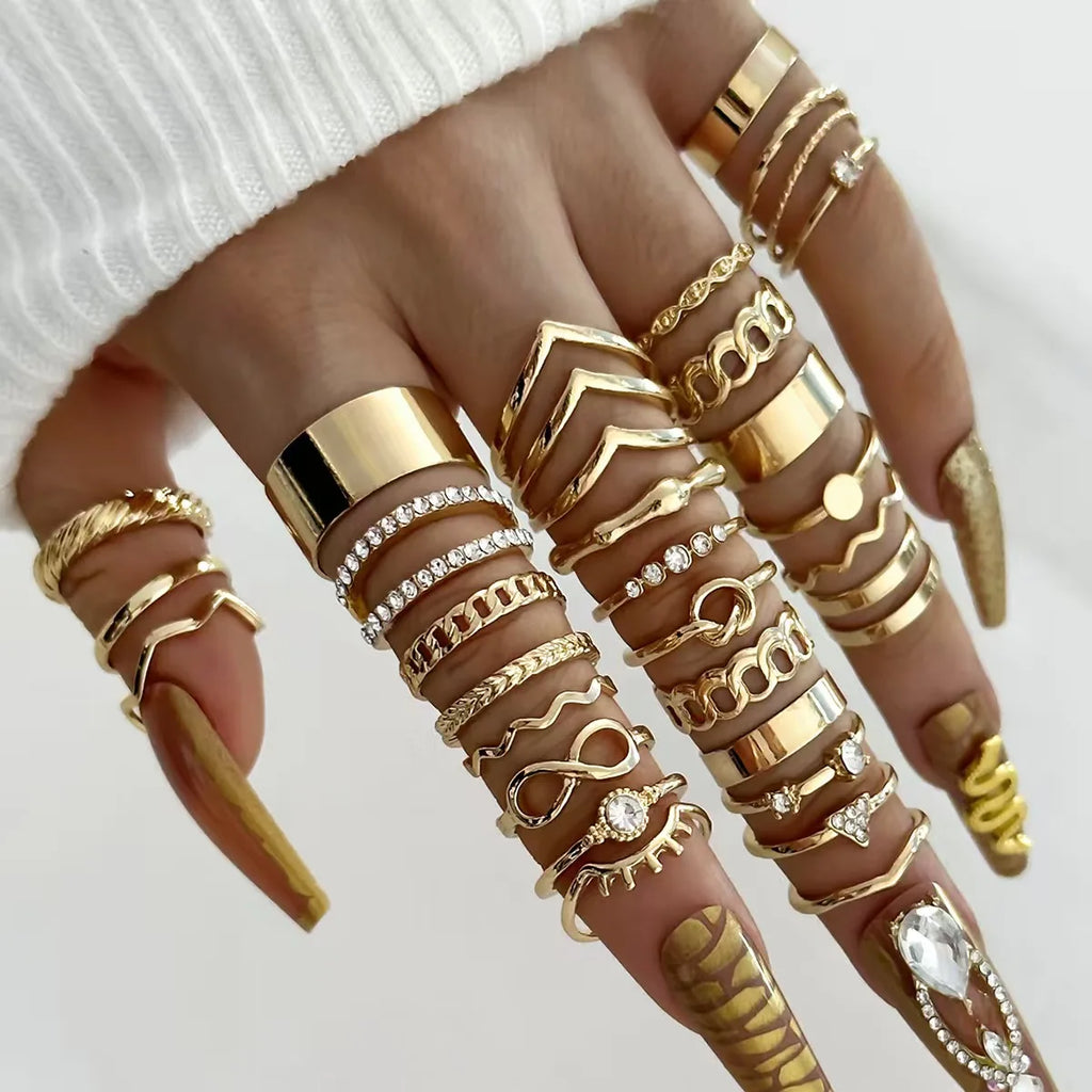 30pcs Gold Stacking Rings Set – Trendy Infinity, Chain & Rhinestone Rings