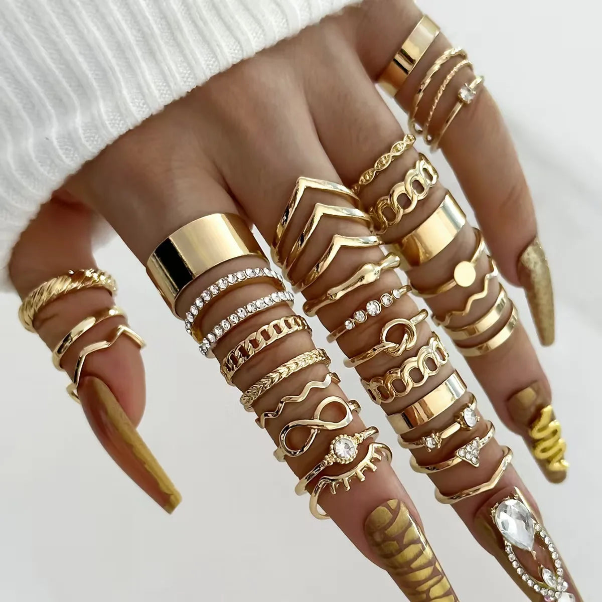 30pcs Gold Stacking Rings Set – Trendy Infinity, Chain & Rhinestone Rings