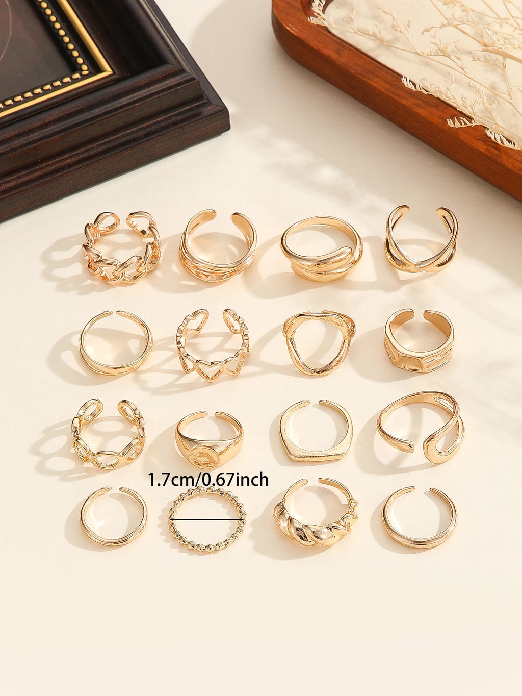 16-Piece Gold Ring Set for Women – Geometric, Heart & Open Band Stackable Rings