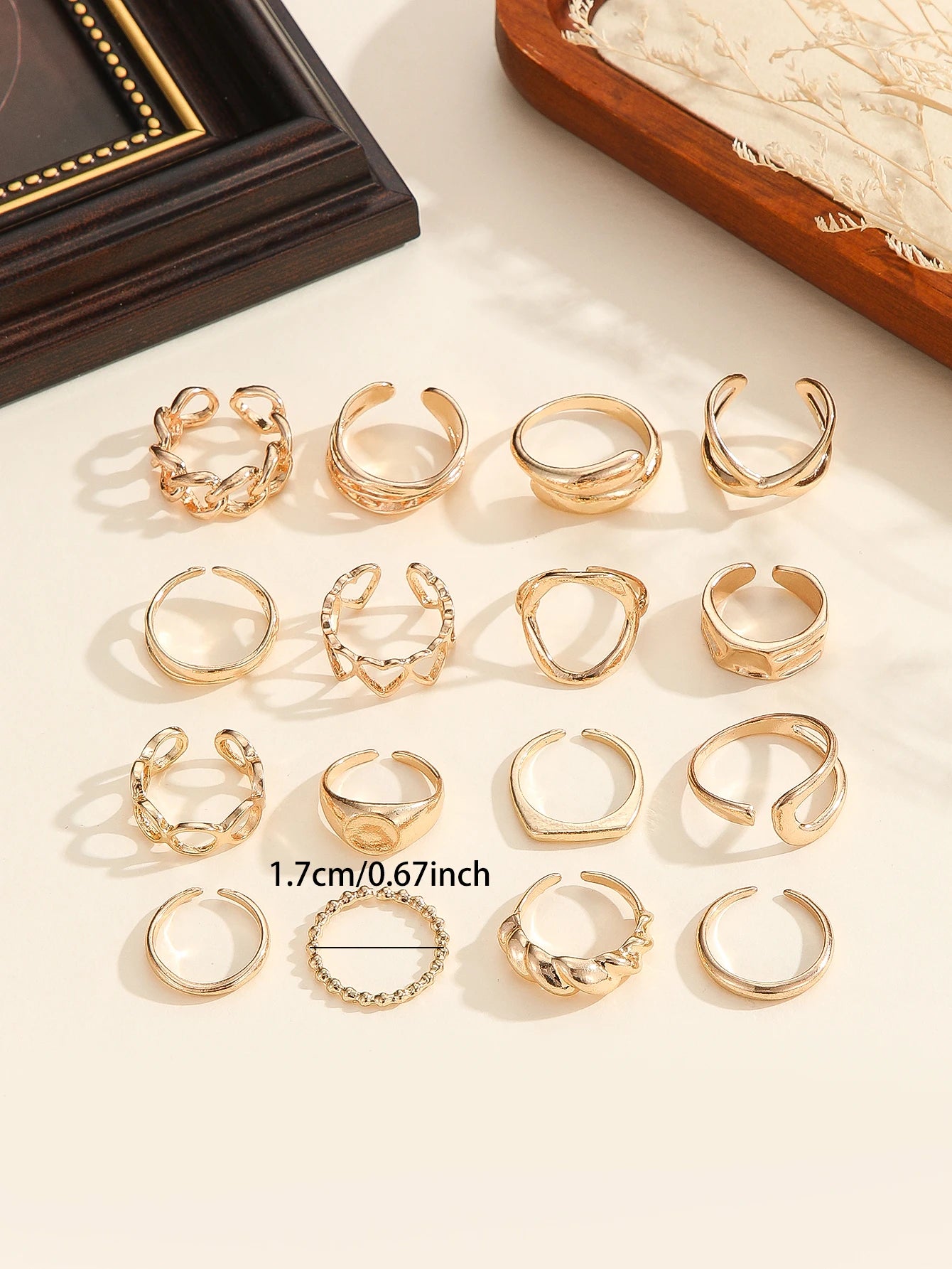 16-Piece Gold Ring Set for Women – Geometric, Heart & Open Band Stackable Rings