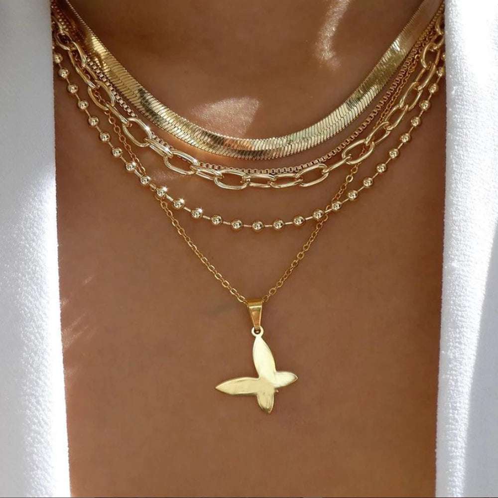 Gold Multi-Layer Pendant Necklace Set for Women