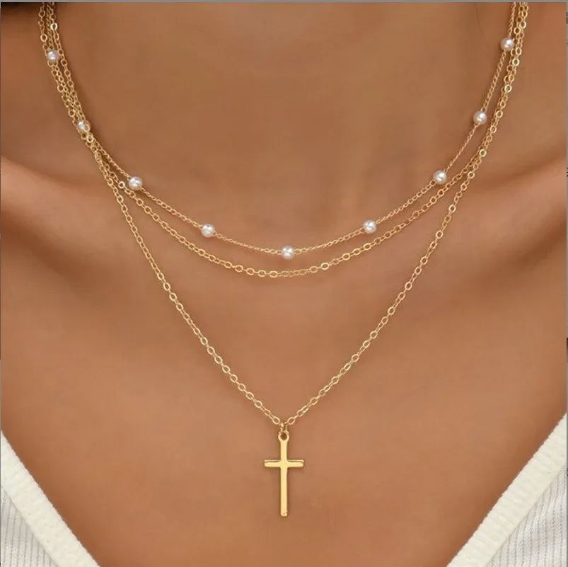 3pcs Pearl & Heart Pendant Layered Necklace Set